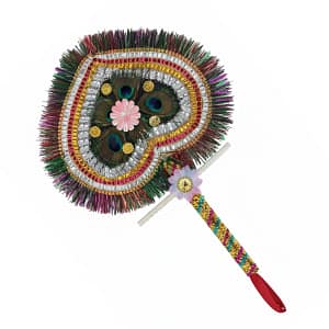Original Morpankh Heart Shape Hand Fan – 15 Inch Long, 24 cm Wide | Real Peacock Feather Fan for Krishna Ji, Puja, Mandir & Wall Decoration