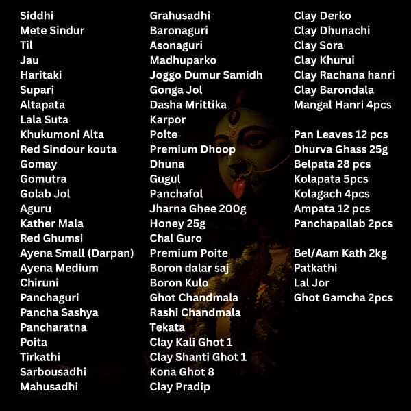 Kali Puja Samagri kit Kali Puja Samagri Kit – 72 Items