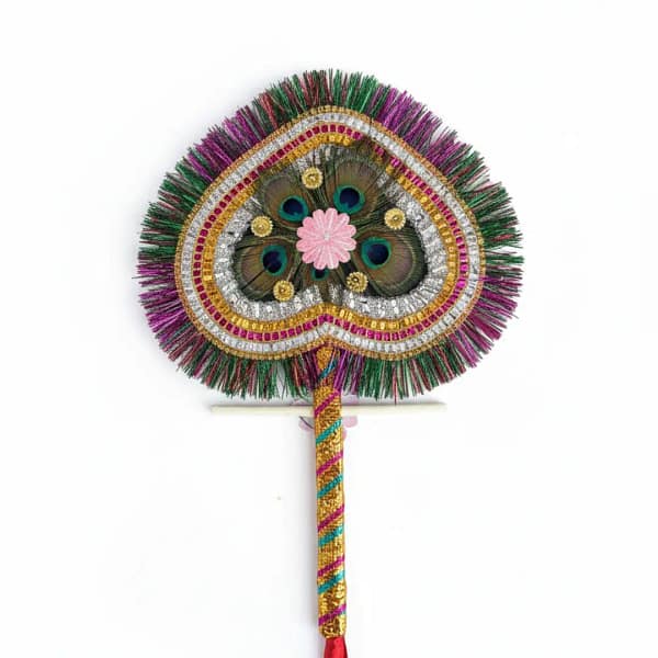 Mayur Pankha Backside Original Morpankh Heart Shape Hand Fan – 15 Inch Long, 24 cm Wide | Real Peacock Feather Fan for Krishna Ji, Puja, Mandir & Wall Decoration