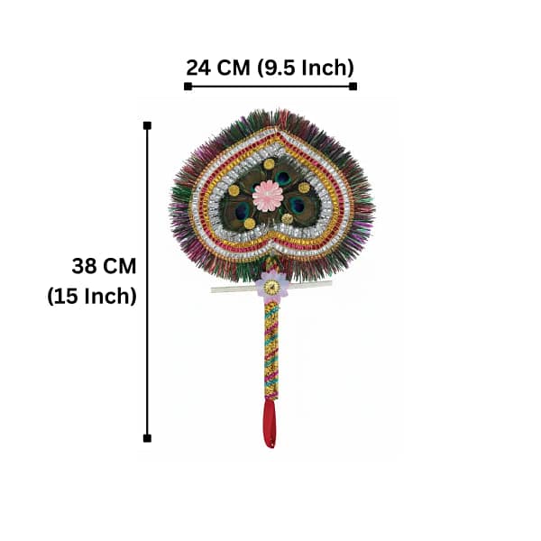 Mayur Pankha Dimension Original Morpankh Heart Shape Hand Fan – 15 Inch Long, 24 cm Wide | Real Peacock Feather Fan for Krishna Ji, Puja, Mandir & Wall Decoration