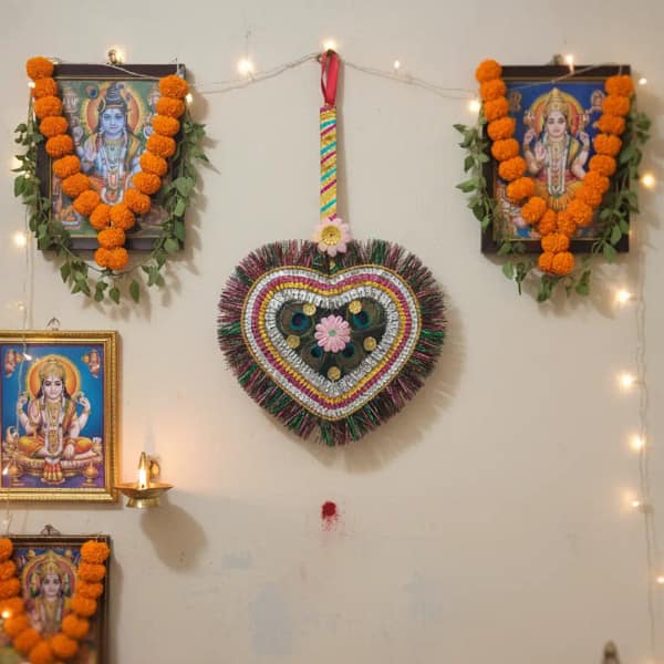 Mayur Pankha Hanging Original Morpankh Heart Shape Hand Fan – 15 Inch Long, 24 cm Wide | Real Peacock Feather Fan for Krishna Ji, Puja, Mandir & Wall Decoration