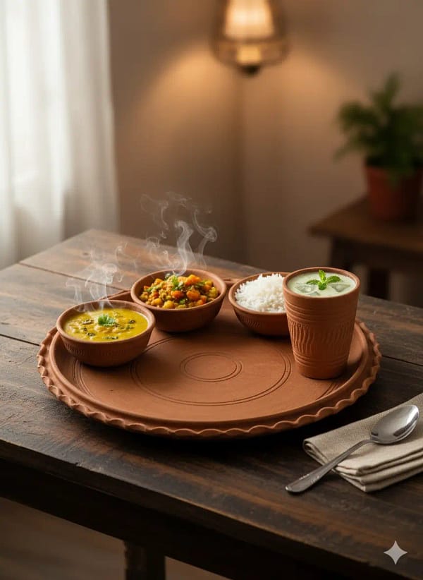 Clay Thali Set on the table Matir Thala bati set | Terracotta Dinner Set | Clay utensils
